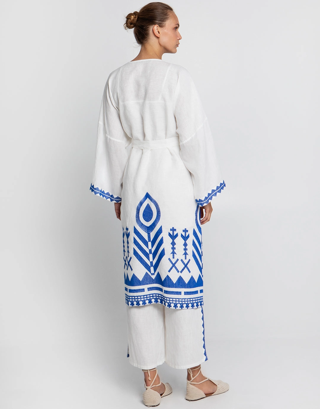 Feather Midi Kimono - White and Blue