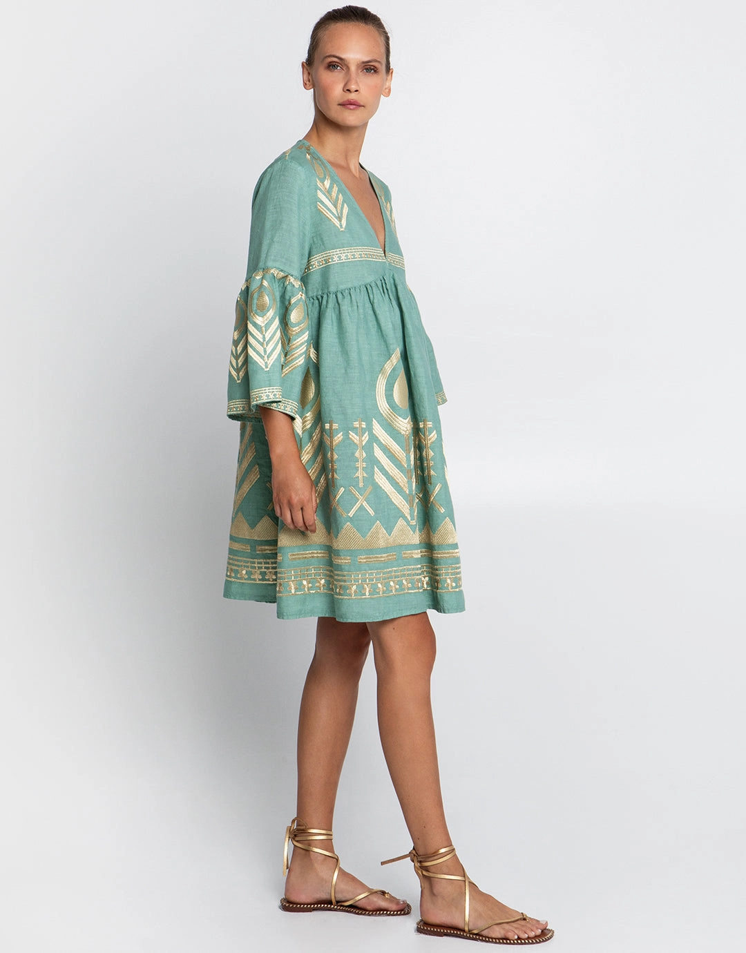 Feather Mini Dress - Sea Green and Gold