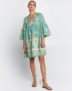 Feather Mini Dress - Sea Green and Gold
