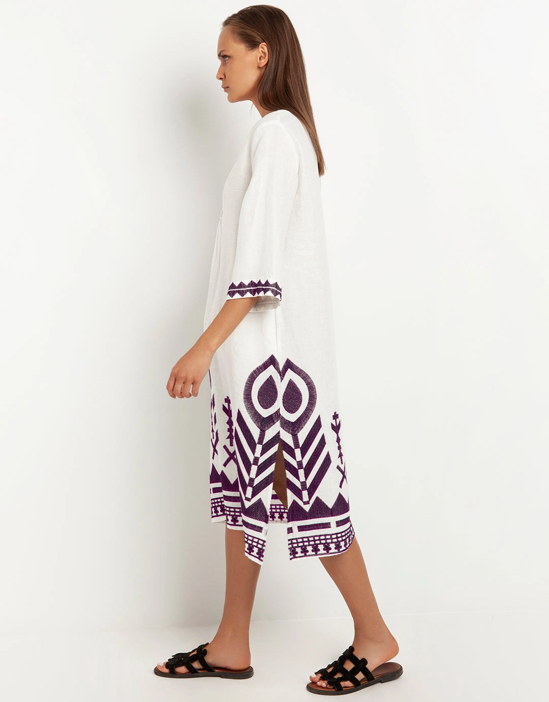 Feathers V Neck Midi Kaftan - White and Plum