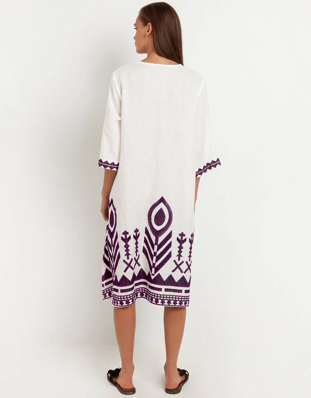 Feathers V Neck Midi Kaftan - White and Plum