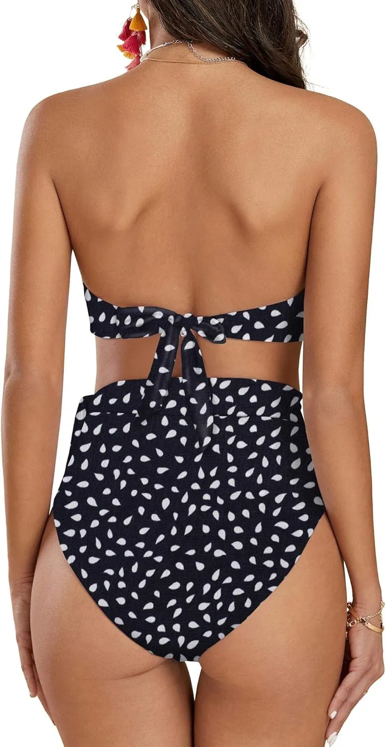 FERBIA Womens High Waisted Bikini Set Bandeau Strapless 2 Piece Bathing Suit Swimsuits Tie Wrap Swimwear