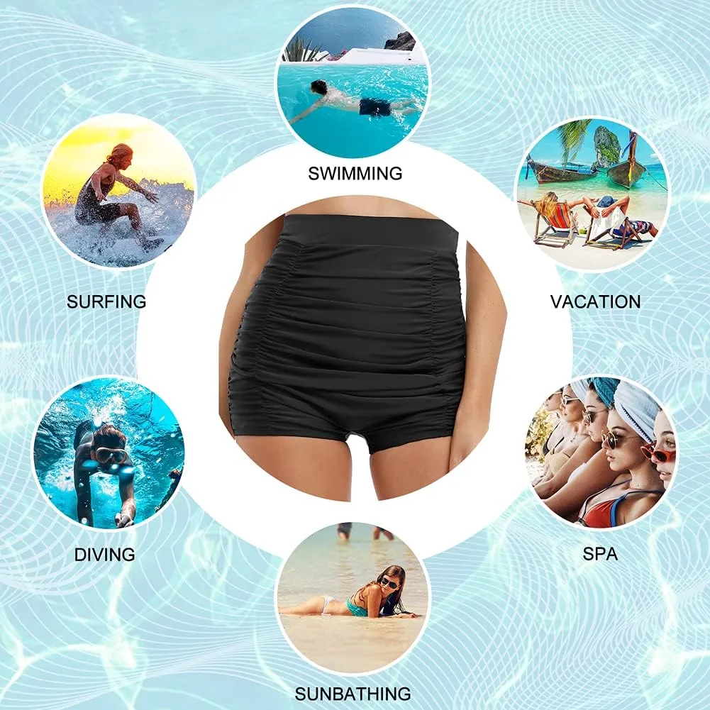 Firpearl Women's High Waisted Bikini Bottom 50s Ruched Boyleg Swim Shorts Tummy Control Swimsuit Bottom