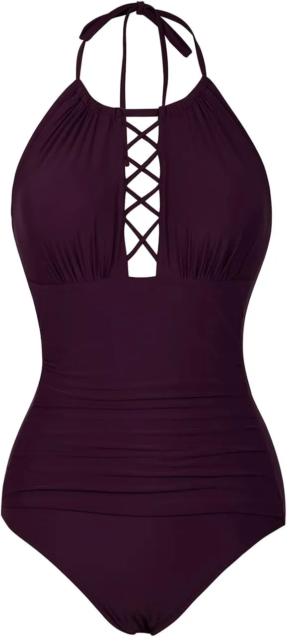Firpearl Women's One Piece Swimsuits High Neck Cutout Ruched Tummy Control Swimwear