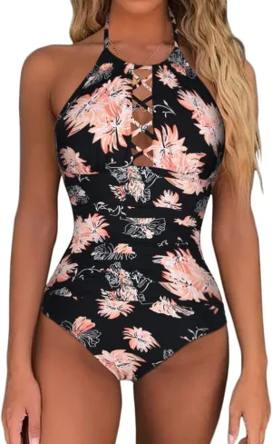 Firpearl Women's One Piece Swimsuits High Neck Cutout Ruched Tummy Control Swimwear