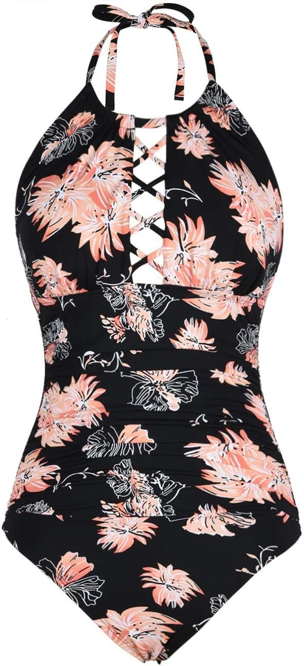Firpearl Women's One Piece Swimsuits High Neck Cutout Ruched Tummy Control Swimwear