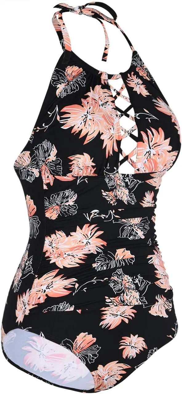 Firpearl Women's One Piece Swimsuits High Neck Cutout Ruched Tummy Control Swimwear