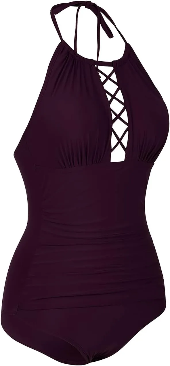 Firpearl Women's One Piece Swimsuits High Neck Cutout Ruched Tummy Control Swimwear