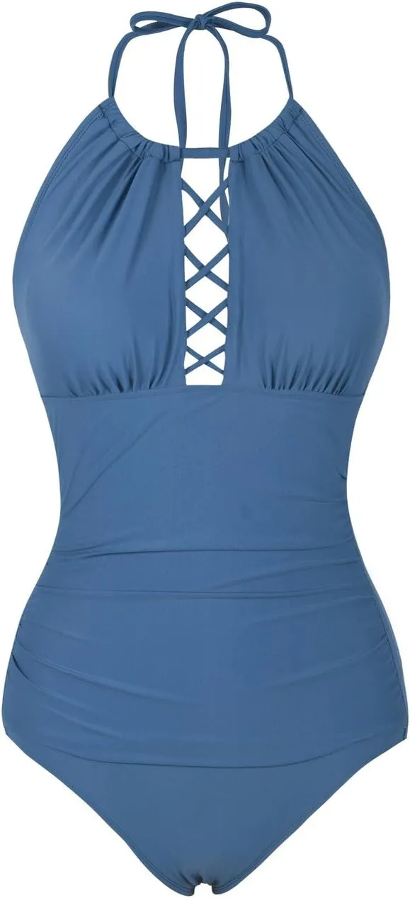 Firpearl Women's One Piece Swimsuits High Neck Cutout Ruched Tummy Control Swimwear