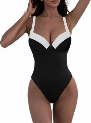 Fisoew Women One Piece Tummy Control Swimsuits Retro Slimming Colorblock Back Tie Vintage Bathing Suits