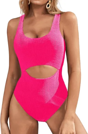 Fisoew Womens One Piece Swimsuits Cut Out Tummy Control High Cut Slimming Adjustable Strap Textured Bathing Suit