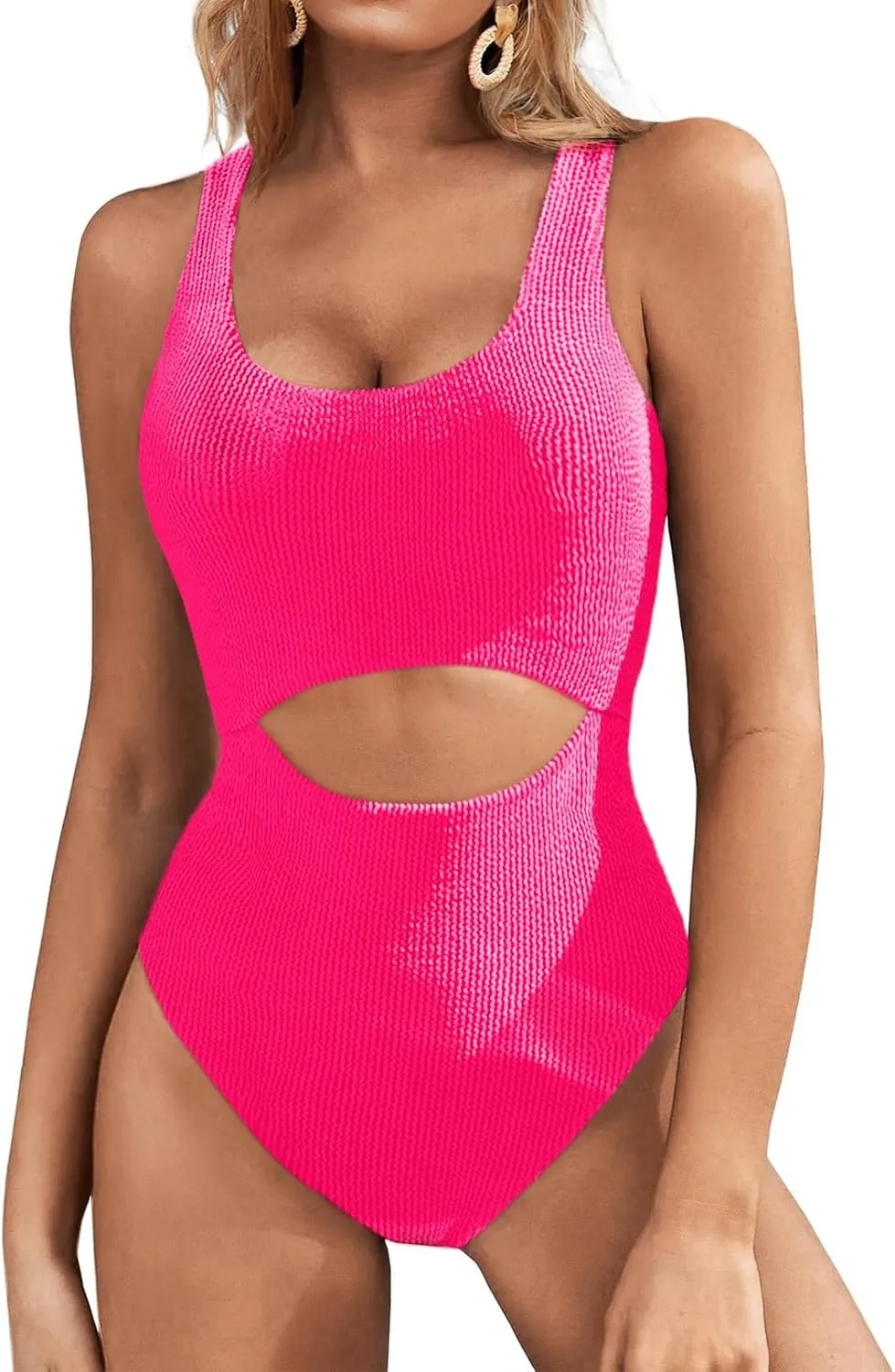 Fisoew Womens One Piece Swimsuits Cut Out Tummy Control High Cut Slimming Adjustable Strap Textured Bathing Suit