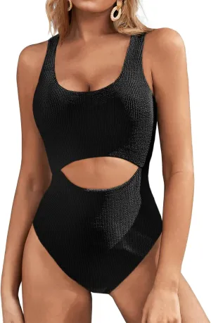 Fisoew Womens One Piece Swimsuits Cut Out Tummy Control High Cut Slimming Adjustable Strap Textured Bathing Suit