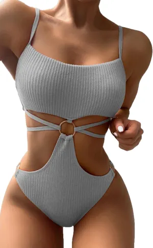 FlatterMe Ring Linked Cut-Out One Piece Swimsuit Scoop Neck Lace Up Back Monokini Bathing Suit