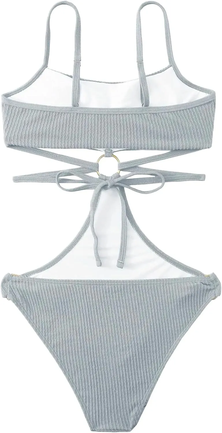 FlatterMe Ring Linked Cut-Out One Piece Swimsuit Scoop Neck Lace Up Back Monokini Bathing Suit