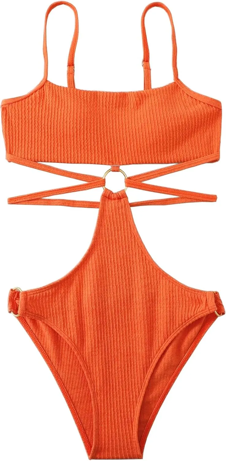FlatterMe Ring Linked Cut-Out One Piece Swimsuit Scoop Neck Lace Up Back Monokini Bathing Suit