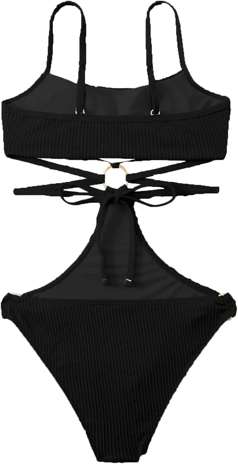 FlatterMe Ring Linked Cut-Out One Piece Swimsuit Scoop Neck Lace Up Back Monokini Bathing Suit