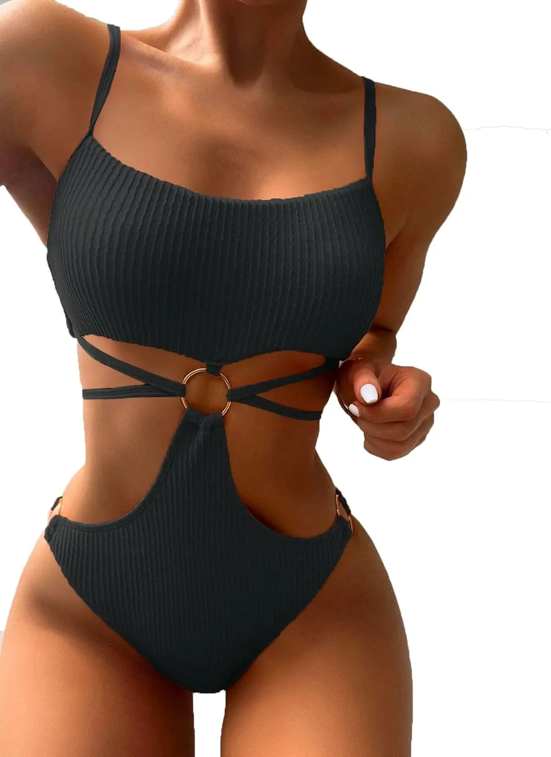 FlatterMe Ring Linked Cut-Out One Piece Swimsuit Scoop Neck Lace Up Back Monokini Bathing Suit