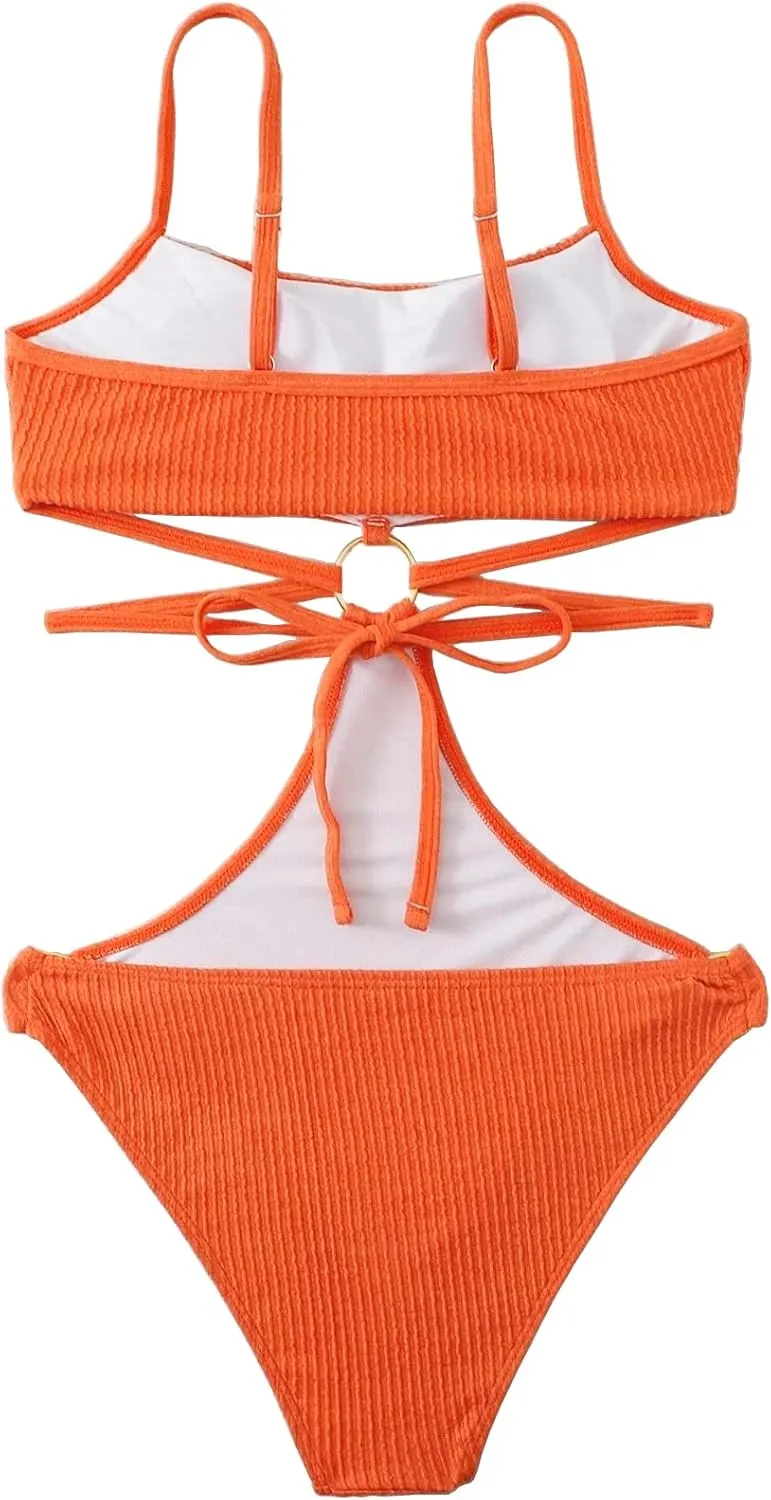 FlatterMe Ring Linked Cut-Out One Piece Swimsuit Scoop Neck Lace Up Back Monokini Bathing Suit
