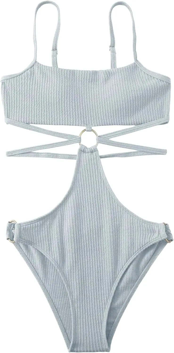 FlatterMe Ring Linked Cut-Out One Piece Swimsuit Scoop Neck Lace Up Back Monokini Bathing Suit