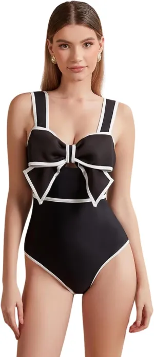 FLAXMAKER Black and White Swimsuit Bow-tie Decor One Piece Bathing Suit