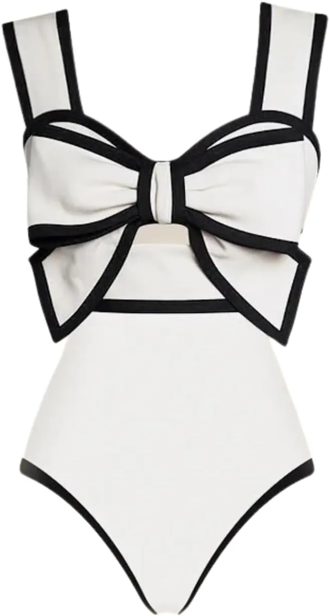 FLAXMAKER Black and White Swimsuit Bow-tie Decor One Piece Bathing Suit