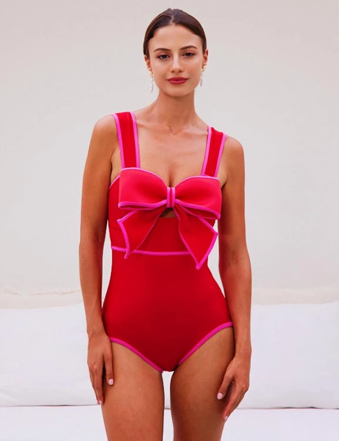 FLAXMAKER Bow Front Cut Out Color Block One Piece Swimsuit and Skirt