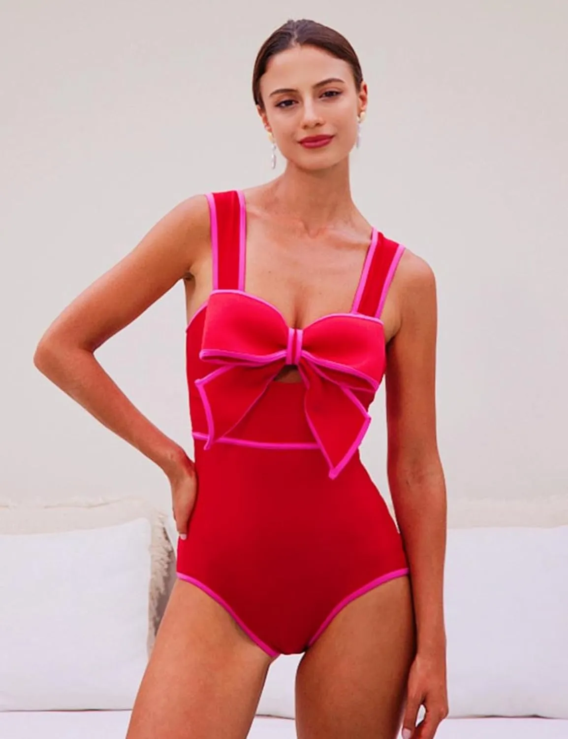 FLAXMAKER Bow Front Cut Out Color Block One Piece Swimsuit and Skirt