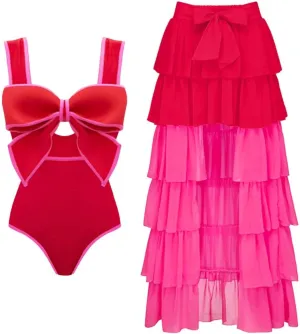 FLAXMAKER Bow Front Cut Out Color Block One Piece Swimsuit and Skirt