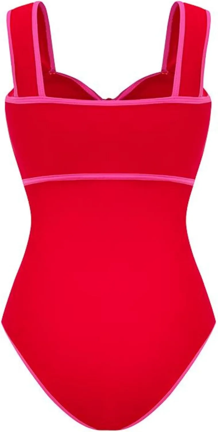 FLAXMAKER Bow Front Cut Out Color Block One Piece Swimsuit and Skirt