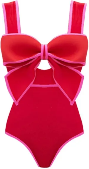 FLAXMAKER Bow Front Cut Out Color Block One Piece Swimsuit and Skirt