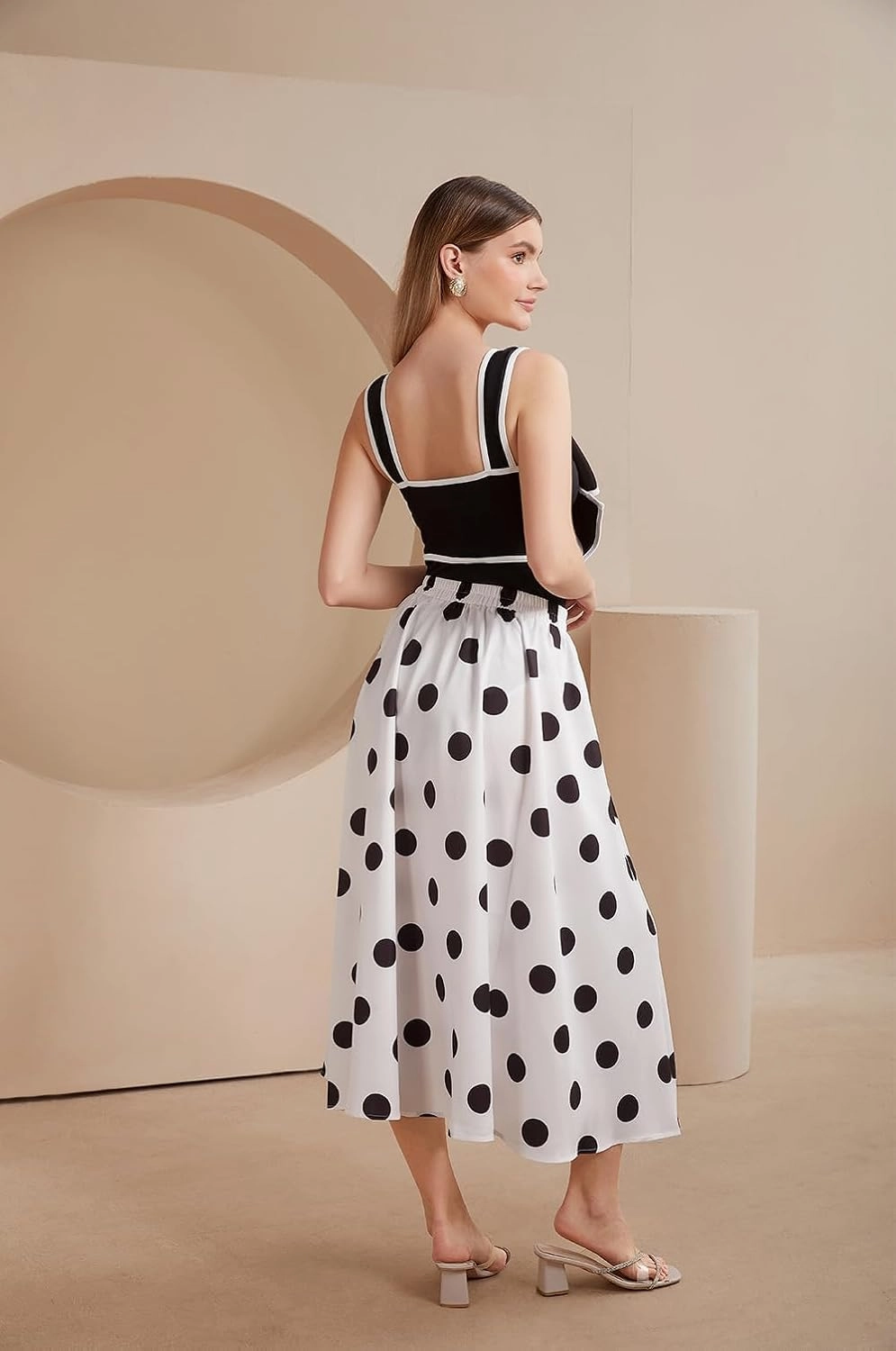 FLAXMAKER Black and White Swimsuit Bow-tie Decor Women's Polka dot Print Skirt One Piece Bathing Suit with Skirt