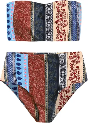 Floerns Women's Boho Two Piece High Waist Bathing Suit Bandeau Swimsuit