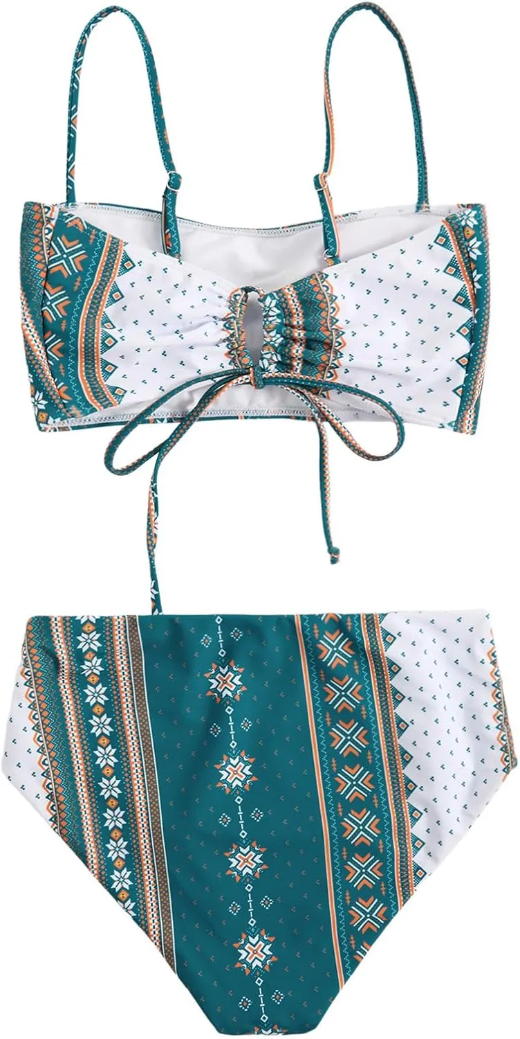 Floerns Women's Boho Two Piece High Waist Bathing Suit Bandeau Swimsuit