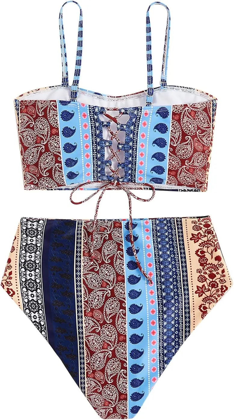 Floerns Women's Boho Two Piece High Waist Bathing Suit Bandeau Swimsuit