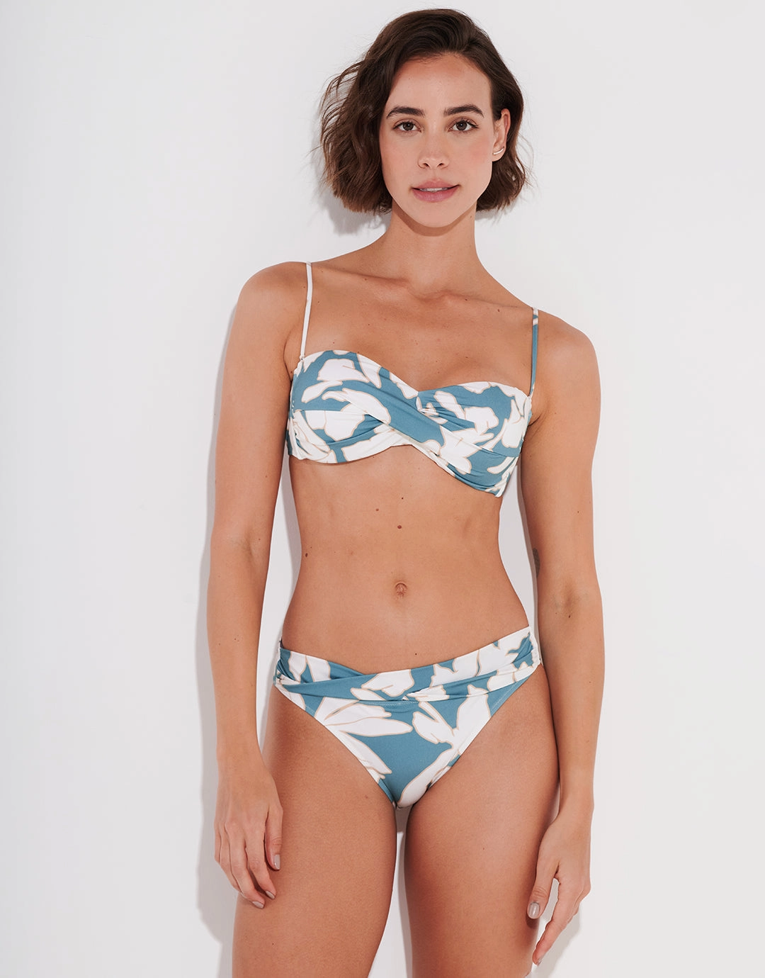 Floral Abstract Twist Front Bikini Pant - Puffy Sky