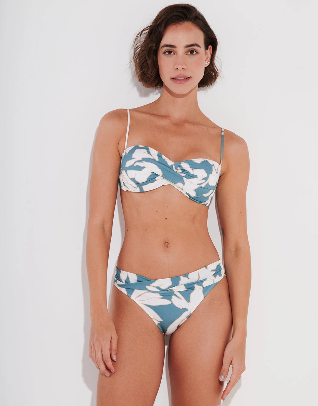 Floral Abstract Twist Front Bikini Pant - Puffy Sky