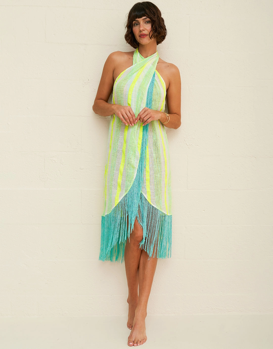 Fringed Crossover Dress - Neon Yellow