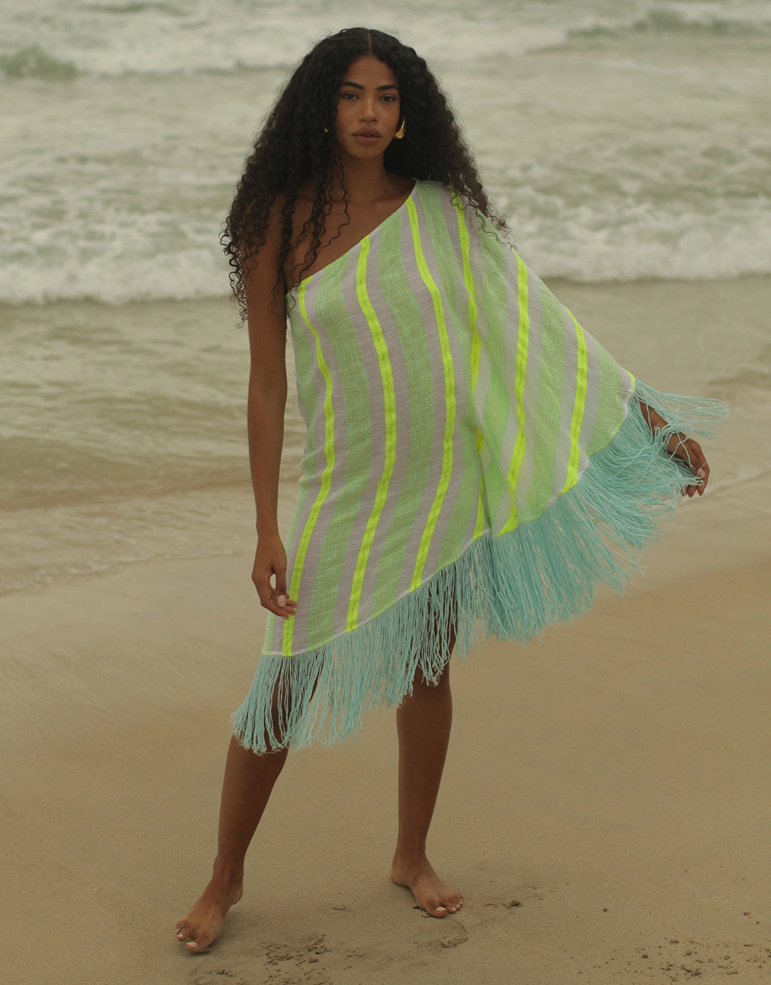 Fringed One Shoulder Kaftan - Neon Yellow