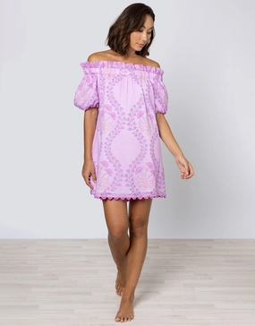 Ginko Print Off Shoulder Mini Dress with Ric-Rac - Violet and Peach