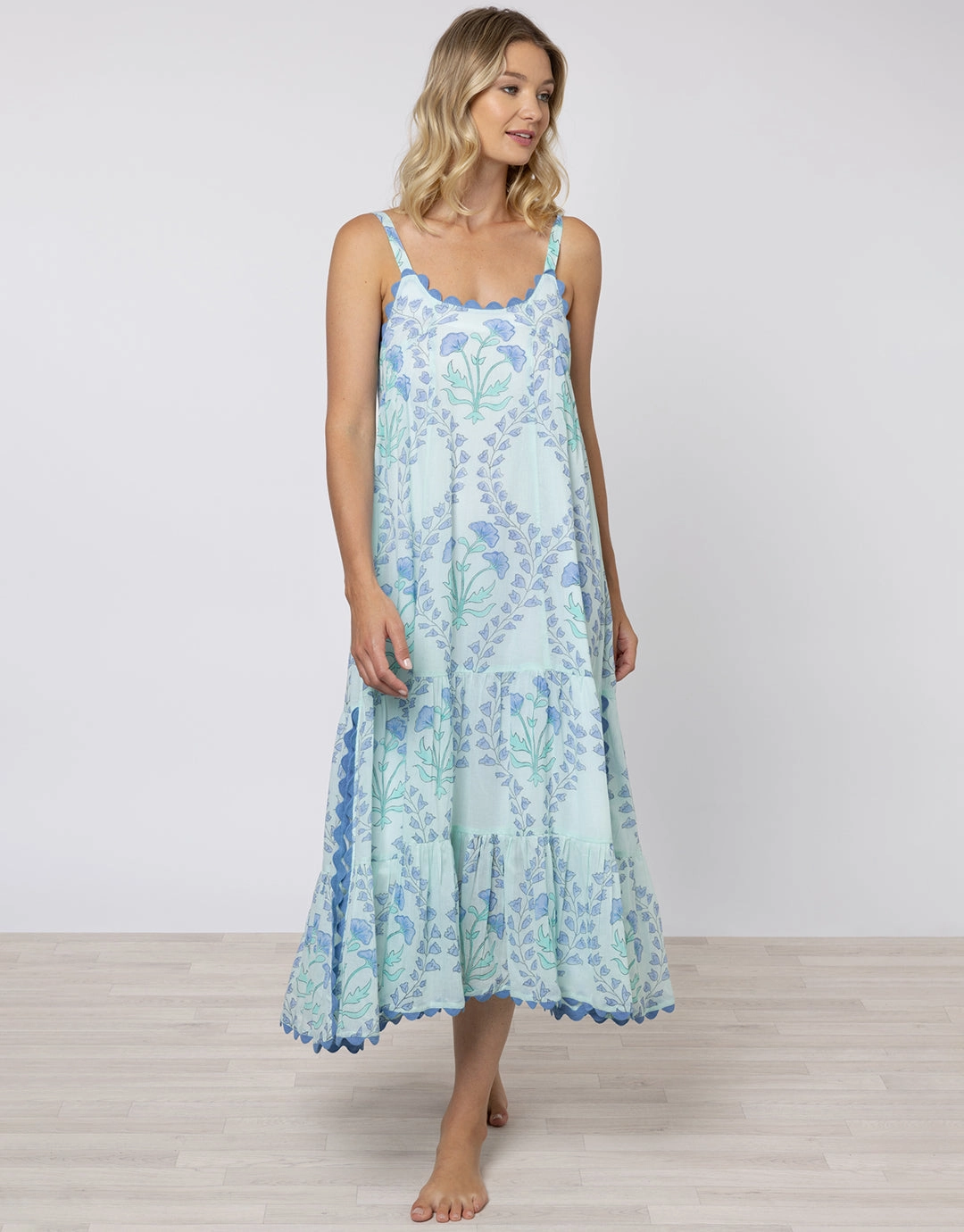 Ginko Print Swing Dress with Ric-Rac - Aqua and Blue