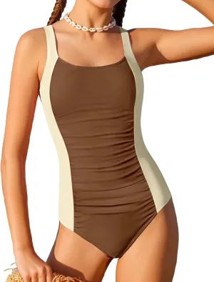 Girl Swimsuit One Piece Bathing Suit for Girls Solid Color Ruched Adjustable Straps Padded Swimwear 9-16y