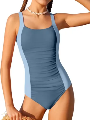 Girl Swimsuit One Piece Bathing Suit for Girls Solid Color Ruched Adjustable Straps Padded Swimwear 9-16y
