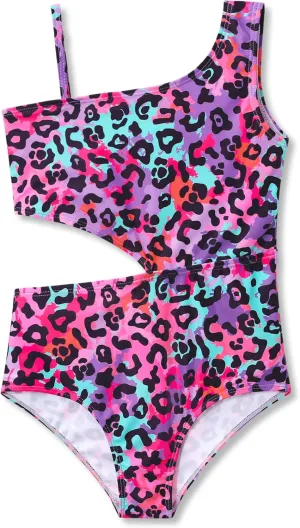 Girls One Piece Leopard Print Swimsuits - Bathing Suit with Adjustable Straps Palm Tree Print Swimwear Size 6X-16