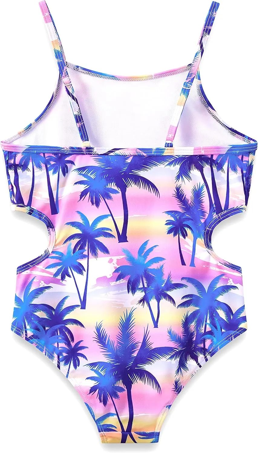 Girls One Piece Leopard Print Swimsuits - Bathing Suit with Adjustable Straps Palm Tree Print Swimwear Size 6X-16