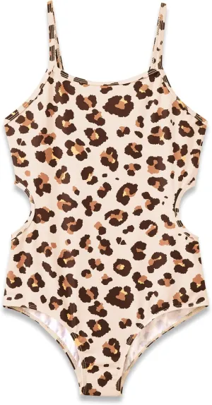 Girls One Piece Leopard Print Swimsuits - Bathing Suit with Adjustable Straps Palm Tree Print Swimwear Size 6X-16