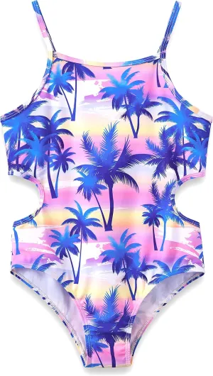 Girls One Piece Leopard Print Swimsuits - Bathing Suit with Adjustable Straps Palm Tree Print Swimwear Size 6X-16