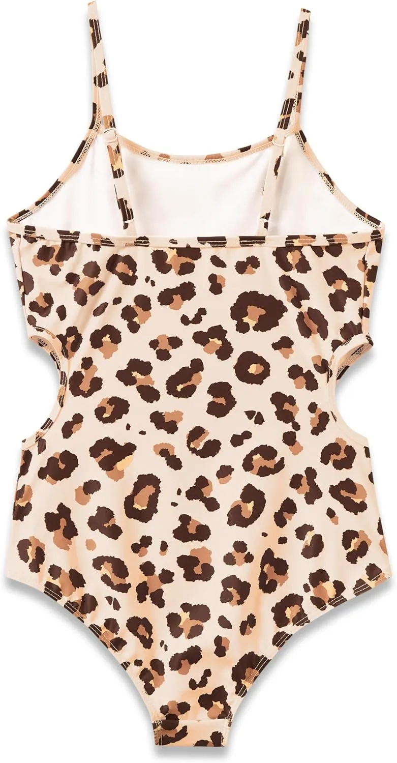 Girls One Piece Leopard Print Swimsuits - Bathing Suit with Adjustable Straps Palm Tree Print Swimwear Size 6X-16