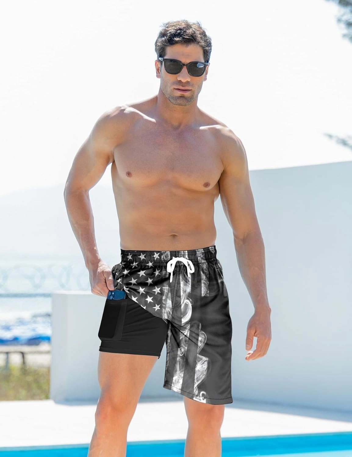 Goodstoworld Men's Funny Swim Trunks with Compression Liner 2 in 1 Quick-Dry 9" Stretch Shorts with Three Pockets