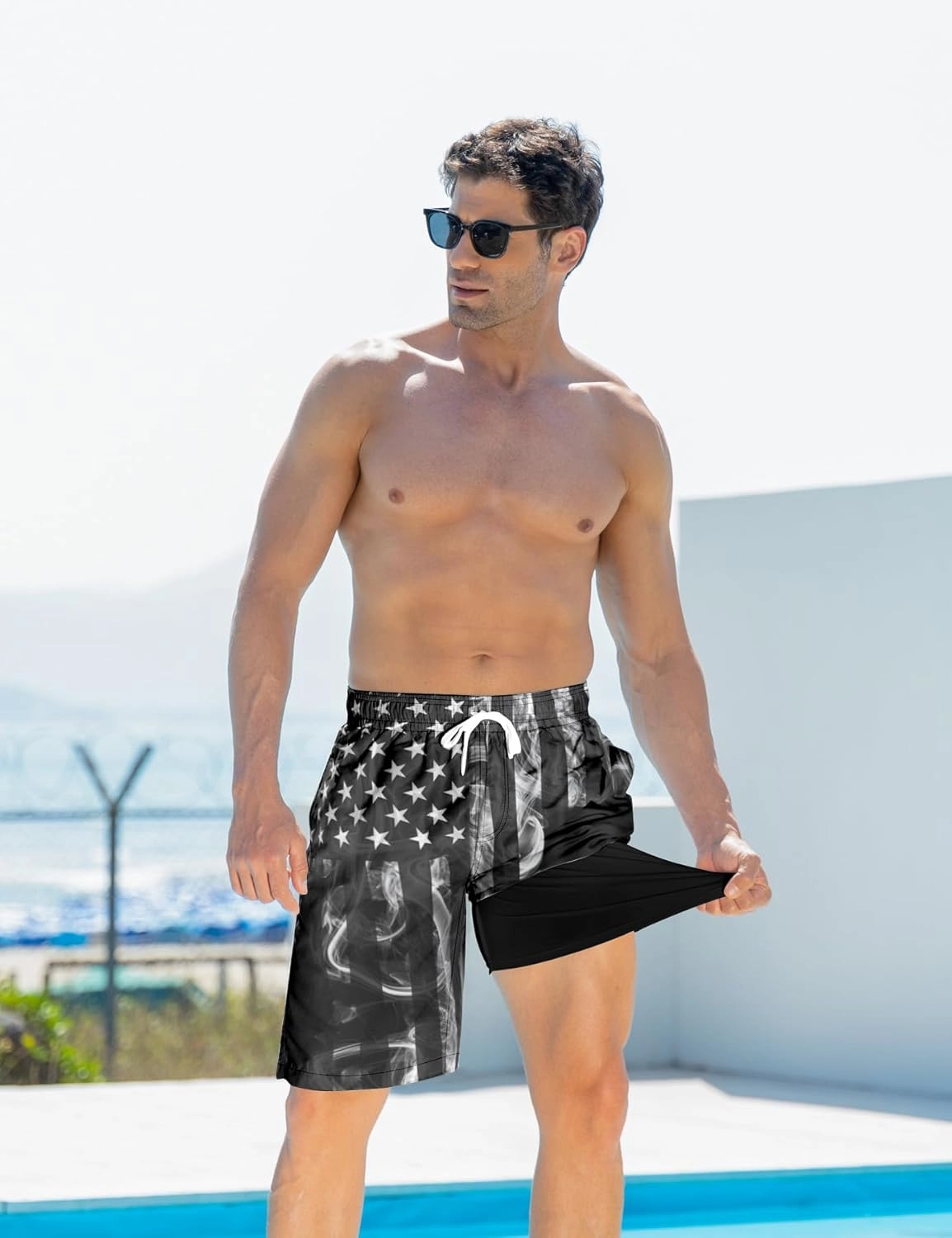Goodstoworld Men's Funny Swim Trunks with Compression Liner 2 in 1 Quick-Dry 9" Stretch Shorts with Three Pockets